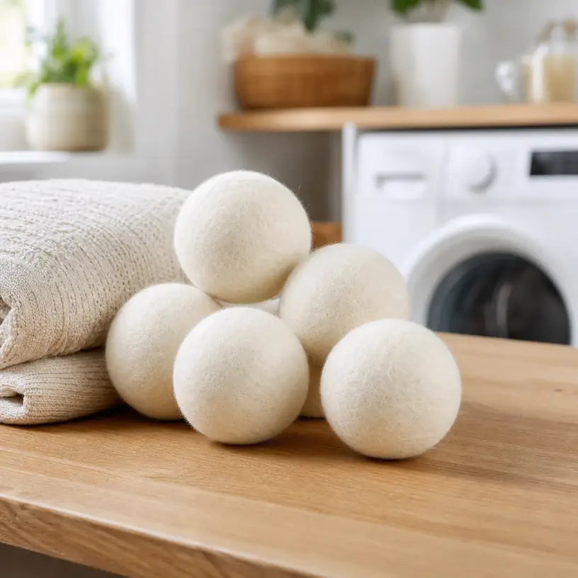 Illustrative image of generic wool dryer balls beside folded laundry